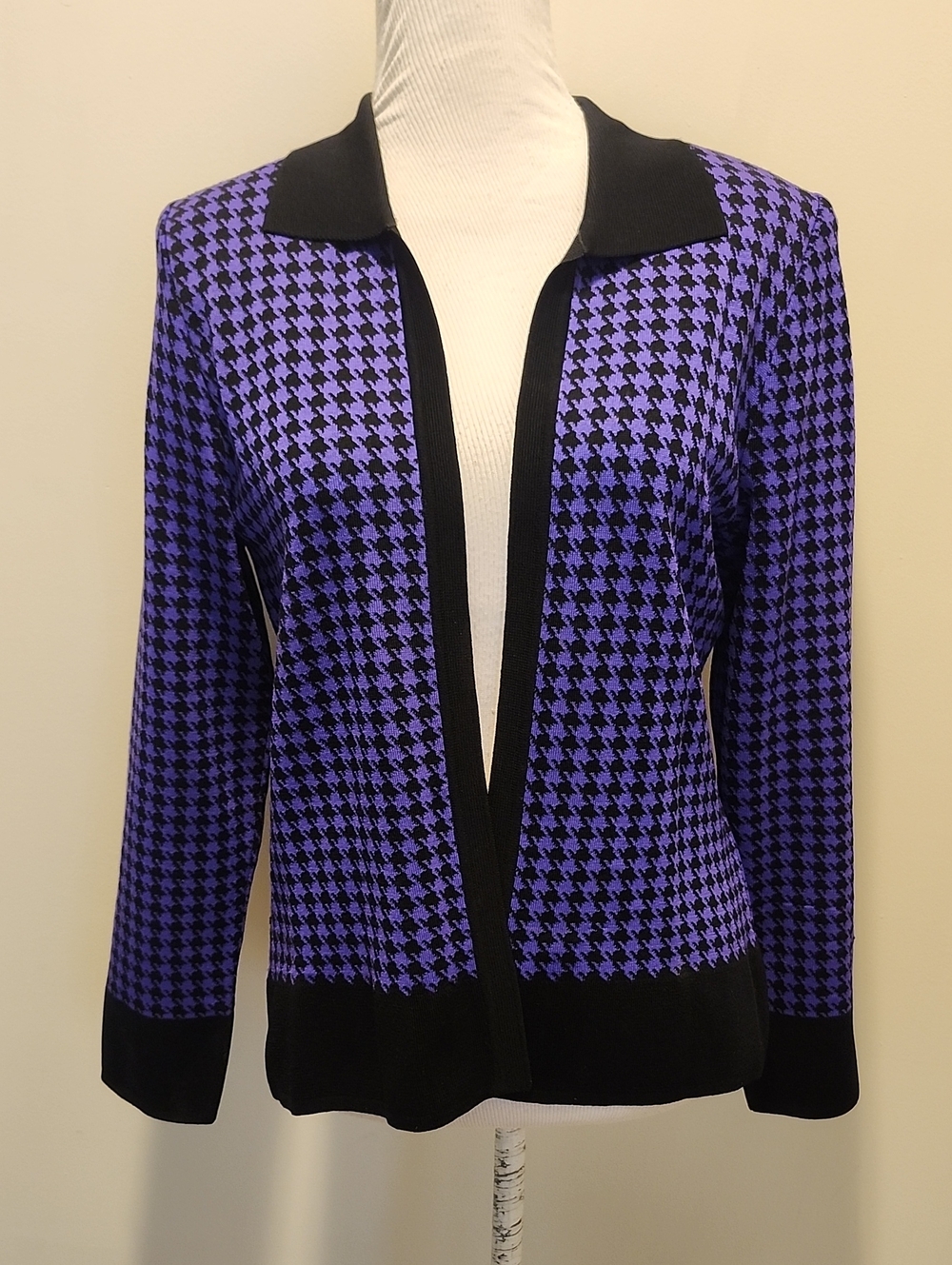 Ming Wang Purple houndstooth cartigan Knit Open Front Jacket Size Small